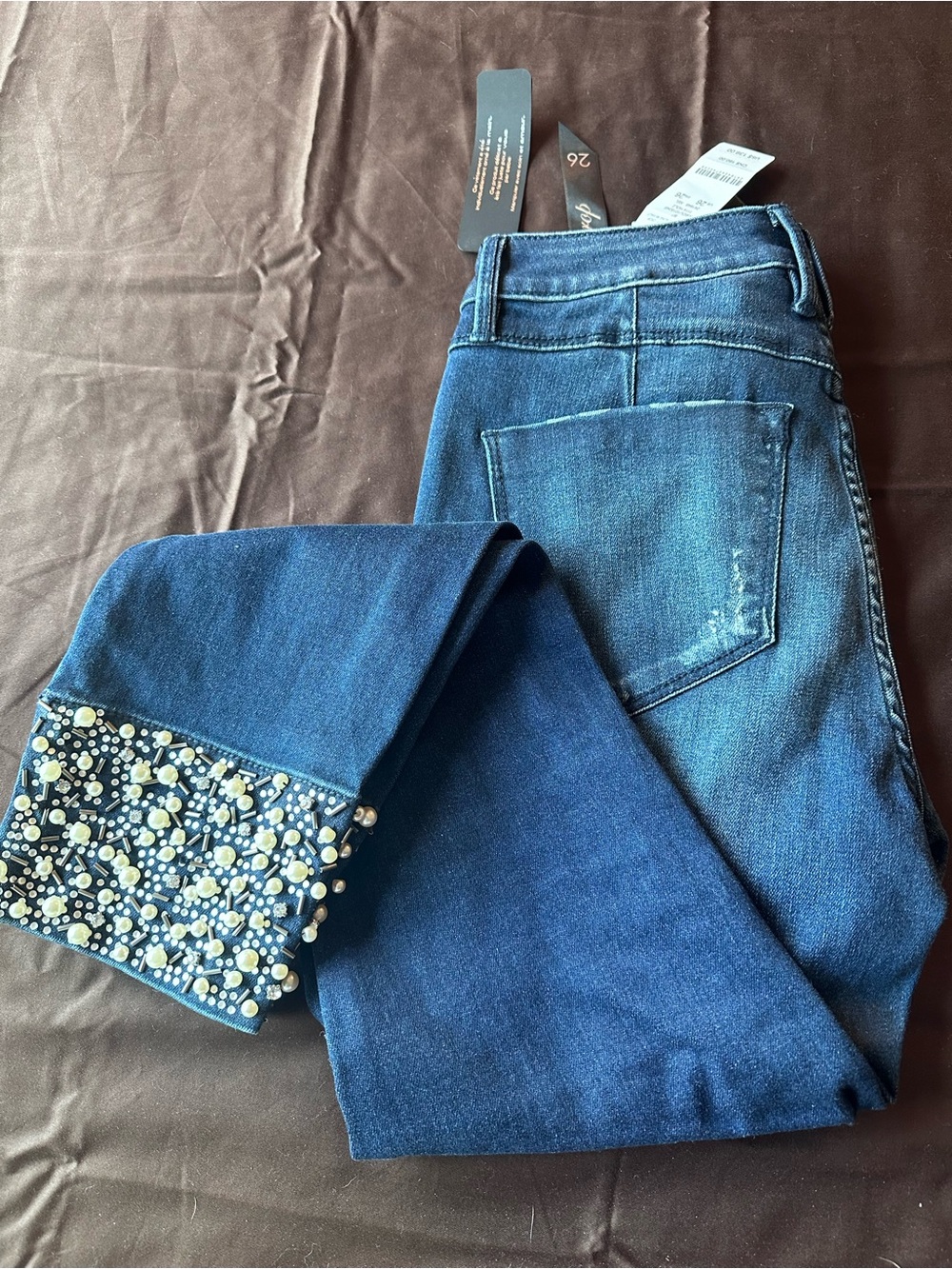 bebe Dark Blue Cropped Jeans with Pearl & Bead Cuff